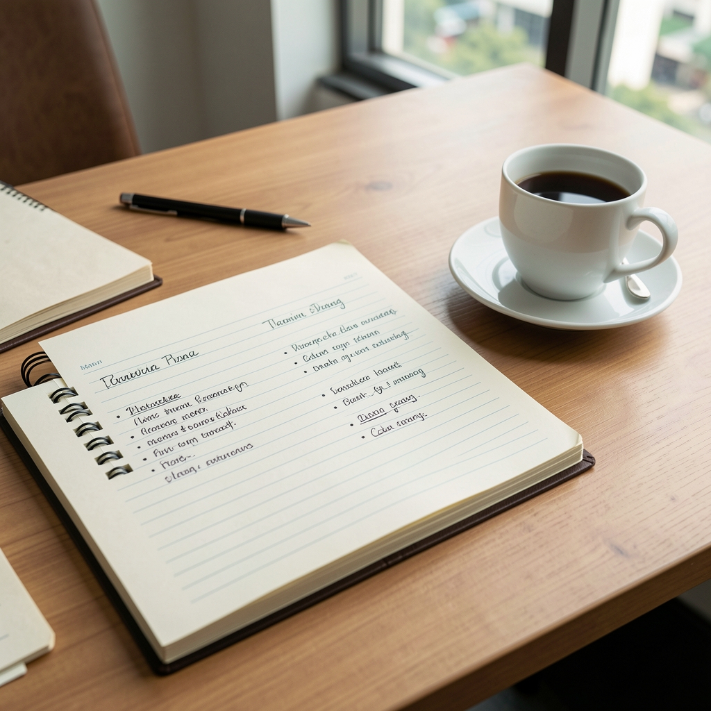 Editorial desk with marked training notes, a notebook, and a cup of coffee in Jakarta