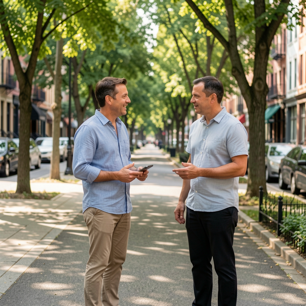 Two adult men discussing a walking route beside a shaded urban path