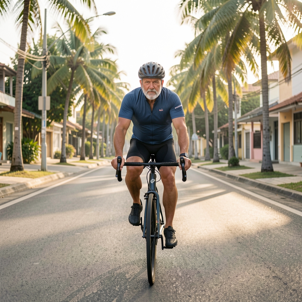 Forty-year-old cyclist riding along a quiet tropical urban road in morning light