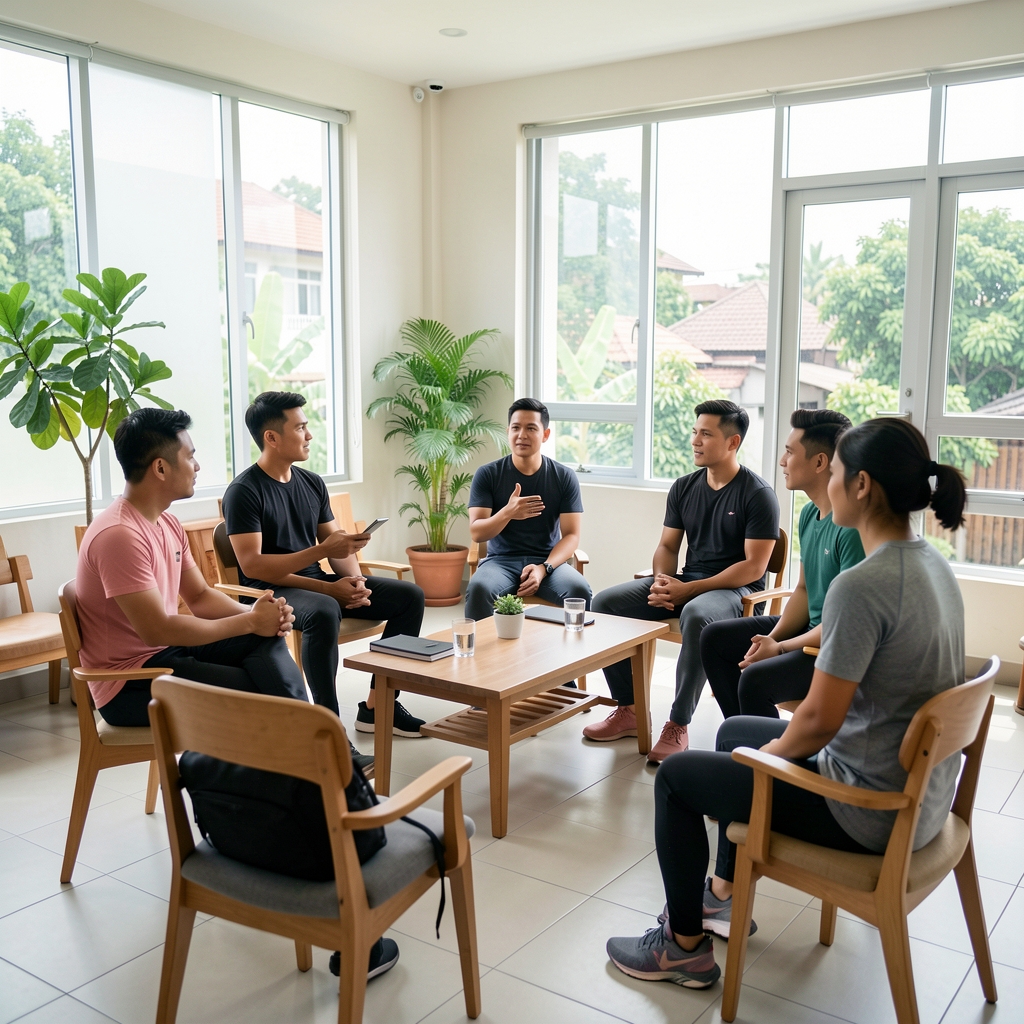 Editorial fitness discussion with adult attendees seated in a bright community room in Jakarta