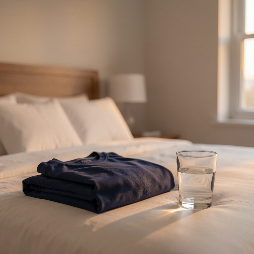 Quiet bedroom with folded training clothes, a glass of water, and soft evening light
