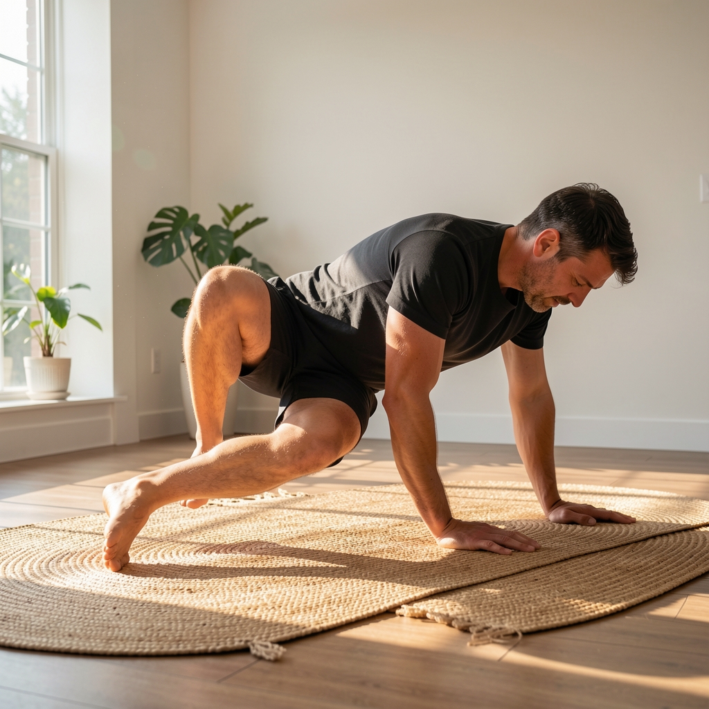 Adult man practicing a controlled hip mobility movement on a woven mat in a sunlit room