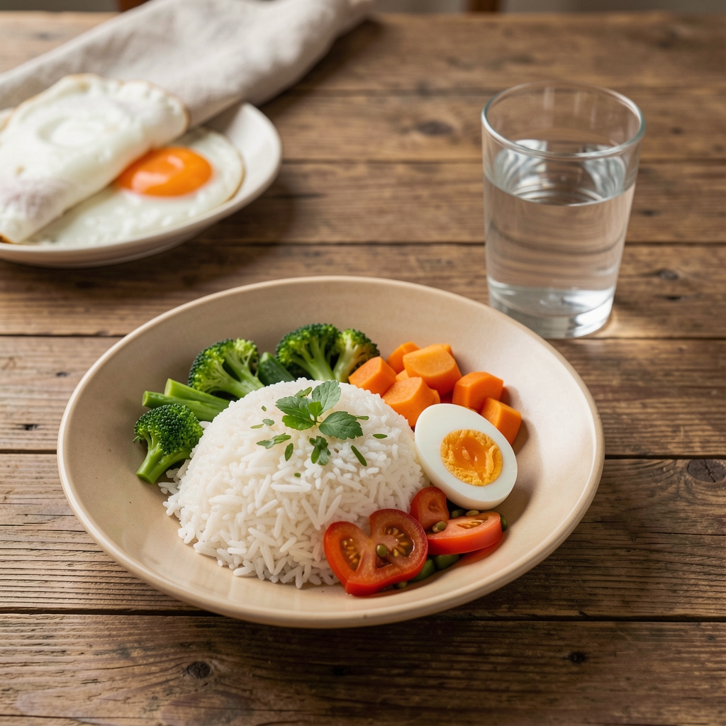 Balanced Indonesian-inspired meal with rice, vegetables, eggs, and water on a wooden table