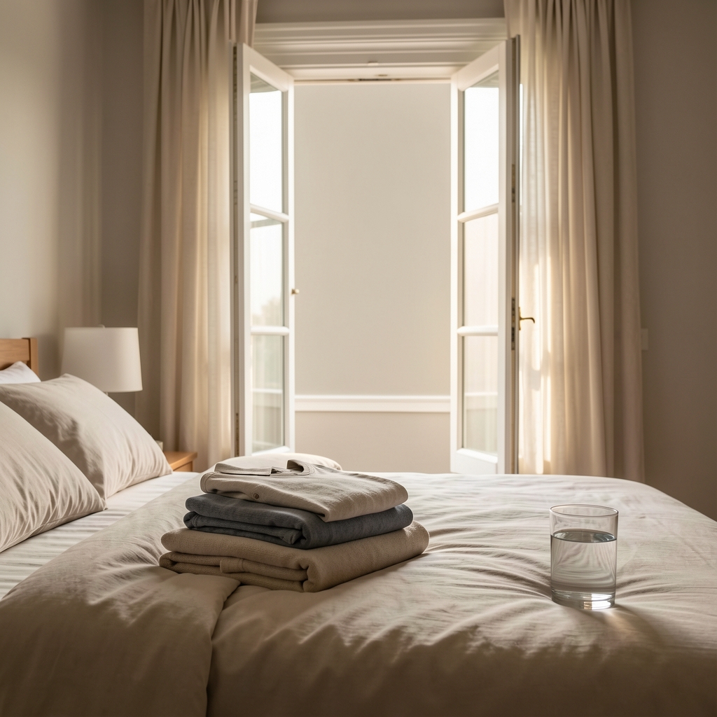 Calm bedroom with open curtains, folded clothes, and a glass of water prepared for the evening