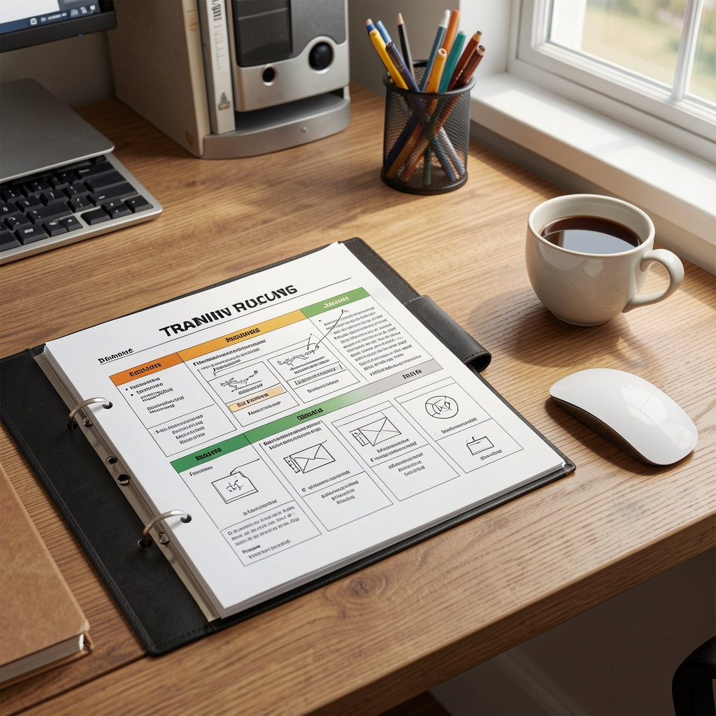 Organised home desk with a labelled binder of printed training templates and a cup of coffee