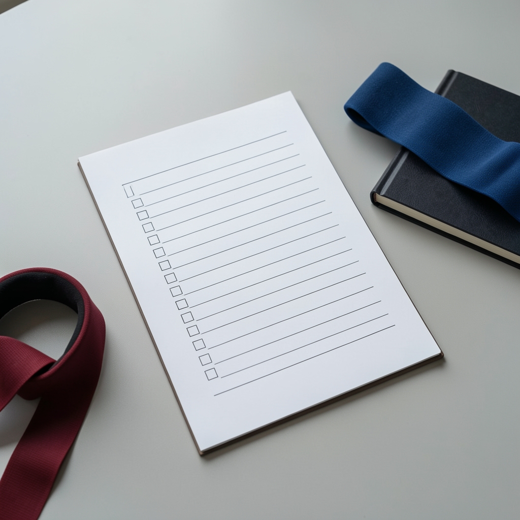 Printed movement checklist and resistance band beside a notebook on a light grey table